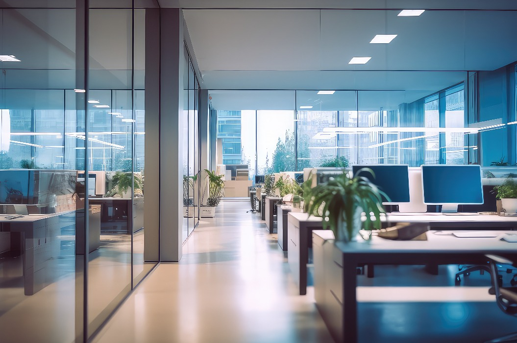 Hübsches modernes Büro mit schönem langen Bürokorridor mit und defokussierten Raumhintergrundkonzepten und Ideen für Geschäftspräsentationshintergrund, Tapeten und Hintergrundideen für Firmen- und Kommer