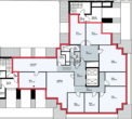 Grundriss eines Bürogebäudes mit Büros, Fluren und Technikräumen, rot umrandet, Maßangaben sichtbar.