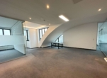 Leeres, modernes Büro mit gebogenen Wänden, Fenstern und Glastrennwänden, grauer Teppichboden.
