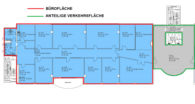 Grundriss eines Büros mit blau markierten Räumen und rot/grün markierter Fläche.