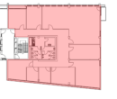 Grundriss eines Gebäudes mit hervorgehobenem Bereich in Rot, zeigt Räume und Treppenhaus.